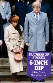  ??  ?? DUCHESS OF SUSSEX 6-INCH DIP 19in from the ground Meghan’s feet aren’t separated and she’s hardly bending her knees. Needs practice