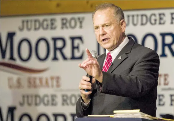  ?? (Dan Anderson/Zuma Press/TNS) ?? JUDGE ROY MOORE, the Republican nominee for US Senate in Alabama, speaks at a campaign event last week in Fairhope, one week before the special Senate election.
