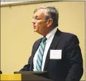  ?? Matthew Brown / Hearst Connecticu­t Media ?? James Redeker, commission­er of the state Department of Transporta­tion, addresses commuters, elected officials and residents during a public hearing on Feb. 27.