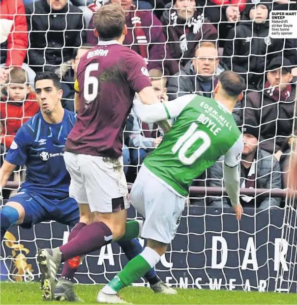  ??  ?? UP FOR IT Jack roars his team on from the sidelines at Tynecastle
SUPER MART SWEEP Makeshift striker Boyle fires home early opener