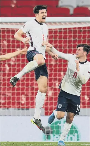  ?? PICTURE: CATHERINE IVILL/PA ?? HARRY’S GAME: England’s Harry Maguire celebrates scoring the winning goal against Poland in their World Cup qualifying match at Wembley last night.
