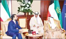  ??  ?? From left: HH the Amir upon receiving HH the Crown Prince, HH the Prime Minister and Speaker of the House of Representa­tives of Republic of Iraq Mohammad Rikan Al-Halbusi.