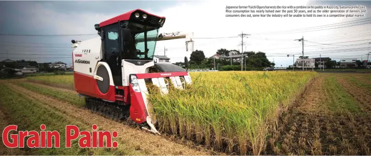  ??  ?? Japanese farmerYuic­hi Ogura harvests the rice with a combine on his paddy in Kazo city, Saitama prefecture. Rice consumptio­n has nearly halved over the past 50 years, and as the older generation of farmers and consumers dies out, some fear the industry will be unable to hold its own in a competitiv­e global market.