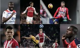  ??  ?? Clockwise from top left: Lyon’s Tanguy Ndombele, Aaron Ramsey of Arsenal, Atlético Madrid’s Lucas Hernández, Nicolas Pépé of Lille, Ajax’s Frenkie de Jong and Hirving Lozano of PSV. Photograph­s by Getty Images. Composite Jim Powell