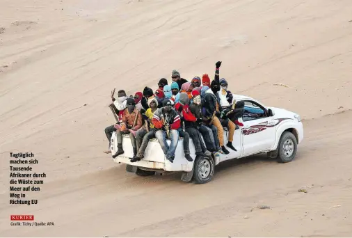  ??  ?? Tagtäglich machen sich Tausende Afrikaner durch die Wüste zum Meer auf den Weg in Richtung EU
