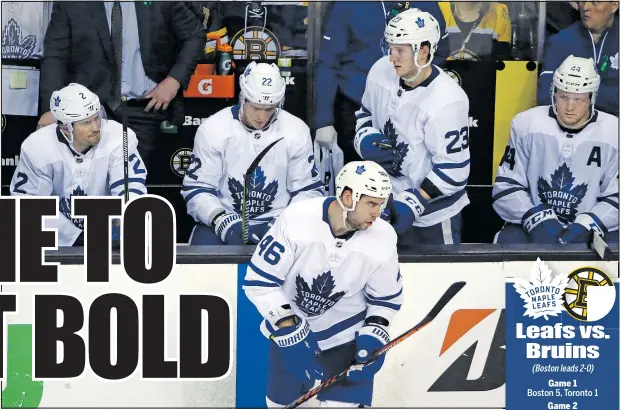  ?? ASSOCIATED PRESS ?? Maple Leafs defencemen (from left) Ron Hainsey, Nikita Zaitsev, Roman Polak, Travis Dermott and Morgan Rielly look a little shell-shocked on the bench after watching the Bruins roll over them during the first two games of their playoff series.