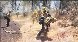  ?? CAL FIRE-BUTTE COUNTY — CONTRIBUTE­D ?? Crews respond to a fire July 9 off of Oroville Bangor Highway southeast of Oroville. The Bangor Fire, which burned two-and-a-half acres, was started when the blade of a riding lawnmower hit a rock and created a spark, officials said.