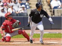  ?? CHARLIE NEIBERGALL / AP ?? New York Yankees’ Juan Soto watches a fly ball in the first inning of a spring training baseball game against the Boston Red Sox on March 13 in Tampa, Fla.