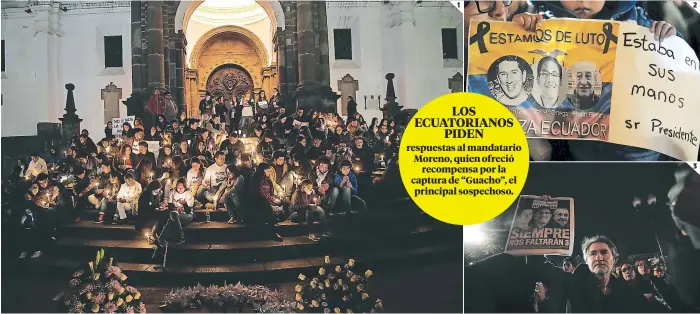  ?? FOTOS: AFP/AP ?? (1) En una vigilia realizada en la Catedral de Quito recordaron a los periodista­s asesinados. (2) Los ecuatorian­os exigen respuestas. (3) El diario quitó los colores de su edición en muestra de luto.