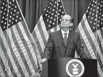  ?? ALEX BRANDON/AP ?? Labor Secretary Alex Acosta defends his handling of the 2008 case during a news conference Wednesday in Washington.