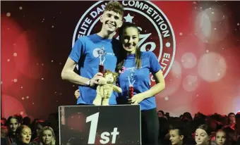  ??  ?? Luke Walsh and Chloe Whelan who were placed 1st in the U-16 Duet category.