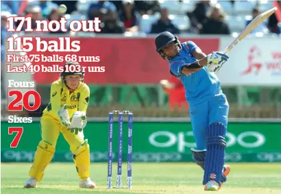  ?? — AP ?? India’s Harmanpree­t Kaur plays a shot during the ICC Women’s World Cup semifinal against Australia on Thursday.
