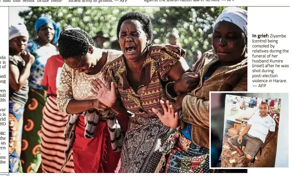  ??  ?? In grief: Ziyambe (centre) being consoled by relatives during the funeral of her husband Kumire (inset) after he was shot during post-election violence in Harare. — AFP