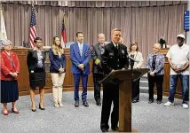  ?? COURTESY ?? Stuart Vanhoozer, the new Cobb County police chief, addresses the media Tuesday after the Board of Commission­ersvoted unanimousl­y to approve his appointmen­t in Marietta.