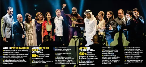  ?? Photos by Neeraj Murali ?? Sheikh Hamdan bin Mohammed and winner Peter Tabichi (centre) with Hugh Jackman, Sunny Varkey and nine other finalists of the Global Teacher Prize during the ceremony. —