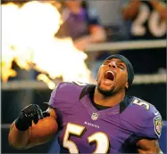  ??  ?? Baltimore Ravens linebacker Ray Lewis reacts Aug. 17, 2012, as he is introduced before an NFL preseason football game against the Detroit Lions in Baltimore. Lewis was elected to the Pro Football Hall of Fame on Saturday, Feb. 3.