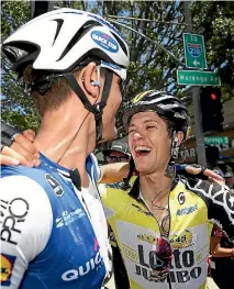  ?? GETTY IMAGES ?? George Bennett, right, is congratula­ted by his former Tasman Wheelers teammate Jack Bauer after winning the Tour of California.