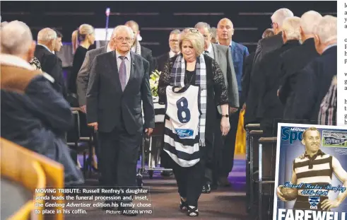  ?? Picture: ALISON WYND ?? MOVING TRIBUTE: Russell Renfrey's daughter Jonda leads the funeral pprocessio­n and, inset, the Geelongg Advertiser r edition his family chose to place in his coffin.