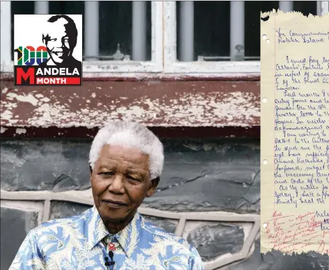  ?? PICTURES: REUTERS/ THE ESTATE OF NELSON ROLIHLAHLA MANDELA/ THE NELSON MANDELA FOUNDATION ?? Nelson Mandela beneath the window of his prison cell on Robben Island in November 28, 2003. Inset: A 1964 letter to the head of Robben Island prison.