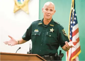  ?? JEFFEREE WOO/AP ?? Sheriff Bob Gualtieri speaks to reporters during a news conference at the Pinellas County Sheriff’s Office headquarte­rs on Sept. 23 in Largo. Michael Hartwick, a Florida sheriff’s deputy working an overnight shift to provide safety at a constructi­on zone, was struck and killed by a worker operating a front end loader, officials said.