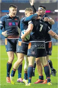  ?? Pictures: SNS. ?? Top left: Edinburgh’s Chris Dean goes over to score his try; top right: Edinburgh’s Jaco van Der Walt is tackled by Sam Lockwood; right: Edinburgh players celebrate Hamish Watson’s opening try.