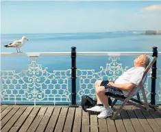  ??  ?? Predatory relationsh­ip? A seagull eyes up a sleeping sunbather on Brighton pier