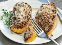  ??  ?? Stuffed Delicata Squash with Beef, Rice Grits and Manchego Cheese is a recipe from PeachDish culinary director Seth Freedman.