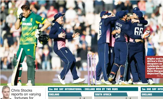  ?? PICTURE: Getty Images ?? Highs and lows: South Africa’s Chris Morris despairs as England celebrate victory at the Ageas Bowl , left, while Eoin Morgan cuts a dejected figure at Lord’s