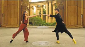  ??  ?? The location for Frances Chung’s solo, top, is a precarious spot. Madison Keesler and Benjamin Freemantle, above, dance at the Palace of Fine Arts.