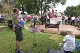  ?? NWA Democrat-Gazette/FLIP PUTTHOFF ?? Hogan Maestri, Boy Scout with Troop 777, speaks Tuesday during the dedication of the Springdale Fallen Soldier Memorial at the American Legion building in downtown Springdale. The memorial is Maestri’s Eagle Scout project and honors soldiers from...