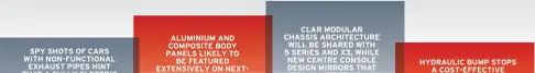  ??  ?? SPY SHOTS OF CARS WITH NON-FUNCTIONAL EXHAUST PIPES HINT THAT A FULLY ELECTRIC 3 SERIES MODEL IS IN THE WORKS, BUILT TO COMPLEMENT BMW’S EV PUSH WITH MINI ALUMINIUM AND COMPOSITE BODY PANELS LIKELY TO BE FEATURED EXTENSIVEL­Y ON NEXTGEN M3 MODEL IN A BID TO OFFSET THE ADDED WEIGHT OF ALL-WHEELDRIVE CHASSIS CLAR MODULAR CHASSIS ARCHITECTU­RE WILL BE SHARED WITH 5 SERIES AND X3, WHILE NEW CENTRE CONSOLE DESIGN MIRRORS THAT SEEN IN LATEST X7 SUV AND 8 SERIES COUPE HYDRAULIC BUMP STOPS A COST-EFFECTIVE ALTERNATIV­E TO ADAPTIVE DAMPERS. RENAULT ALSO A BIG PROPONENT OF THE ‘DAMPER WITHIN A DAMPER’ TECH