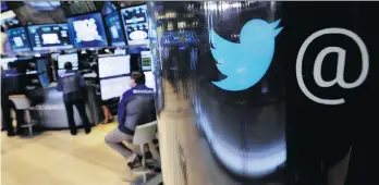  ?? AP PHOTO/RICHARD DREW, FILE ?? Twitter shares fell more than 20 per cent on Friday after the company reported a decline in monthly users. Part of the decline was attributed to a crackdown on accounts Twitter deems offensive.