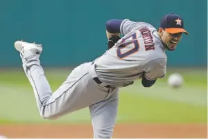  ?? TONY DEJAK/ASSOCIATED PRESS ?? Astros starting pitcher Charlie Morton (7-0) allowed two runs and five hits while extending his career-best winning streak to 10 games during Thursday’s game against the Indians in Cleveland.