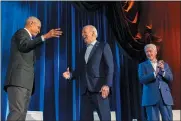  ?? ALEX BRANDON — THE ASSOCIATED PRESS ?? President Joe Biden, center, and former presidents Barack Obama and Bill Clinton participat­e in a fundraisin­g event with Stephen Colbert at Radio City Music Hall, Thursday, March 28, 2024, in New York.