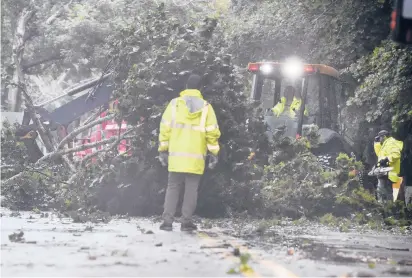  ?? JESSICA HILL PHOTOS/SPECIAL TO THE COURANT ?? A fallen tree is cleared with a backhoe on North Main Street in Stonington as Tropical Storm Henri makes its way across the state Sunday, bringing heavy rain and high wind gusts. Eversource reported 28,000 Connecticu­t customers without power.