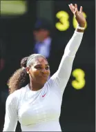  ?? Associated Press photo ?? Serena Williams of the United States celebrates winning her women’s singles quarter-finals match against Italy's Camila Giorgi, at the Wimbledon Tennis Championsh­ips in London, Tuesday.