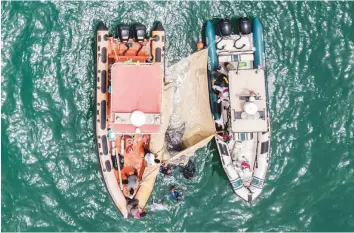  ?? Pictures: WAM ?? ■ Divers split up into three groups on two boats. Five hours later, they managed to get the juvenile whale shark on to a stretcher held between the two boats and pulled it to the sea.