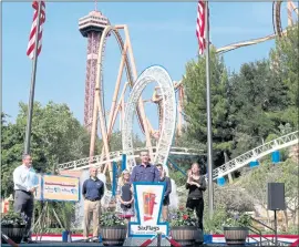  ?? DAVID CRANE — STAFF PHOTOGRAPH­ER ?? Gov. Gavin Newsom welcomes the public to Six Flags Magic Mountain in Santa Clarita on Wednesday. Newsom continued his tour of the state after lifting most COVID-19 restrictio­ns Tuesday.