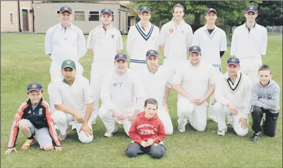  ??  ?? BRETTON: Pictured before their 98-run victory over Whittlesey are, from the left, back, Dave Bennett, Matt Bennett, Neil Buckingham, Ryan Evans, Samuel Bovan, Mark Buckingham, front, Omar Ali Khan, Andy Bennett, Sam Smith, Luke Marriott and Martin Rowell. Mascots are, from the left, Ethan Bennett, Kyle Rowell and Kieren Rowell.