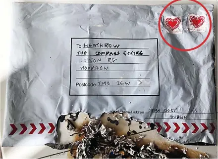  ??  ?? Blaze: The Heathrow parcel, which caught fire, with Love Ireland stamps and Dublin sender’s address