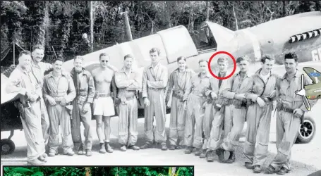  ??  ?? Jack Williams (circled) photograph­ed in 1943 alongside his unit of fighter pilots and in front of a Kittyhawk. Williams was just 22 when he died flying over the small town of Torokina. Six of the 13 pilots in Jack’s squadron died during the war.