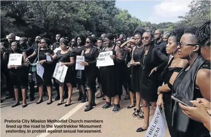  ??  ?? Pretoria City Mission Methodist Church members lined up the road to the Voortrekke­r Monument yesterday, in protest against sexual harassment.