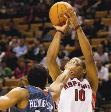  ?? AARON LYNETT / NATIONAL POST ?? Demar Derozan finished with 20 points and four rebounds in Tuesday’s win over the Bobcats.