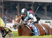  ?? NYRA PHOTO BY CHELSEA DURAND ?? Hieroglyph­ics, with John Velazquez up, came from off the pace to win the Better Talk Now Stakes Monday, Aug. 28, 2017at Saratoga Race Course.