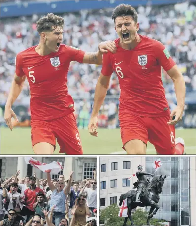  ??  ?? ON THE UP: England’s Harry Maguire, right, celebrates scoring his side’s first goal of the game with fellow Yorkshire-born star John Stones during the World Cup quarter-final victory over Sweden in Russia; above, fans in Millennium Square, Leeds, and the Black Prince statue in City Square.