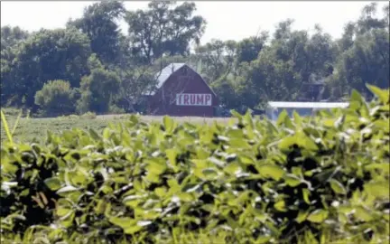  ?? NATI HARNIK — THE ASSOCIATED PRESS FILE ?? A barn with a banner reading “Trump” is seen behind a field of soy beans in Ashland, Neb. The U.S. and China have imposed import taxes on $50 billion worth of each other’s products. Ditching decades of U.S. trade policy that he says swindled America and robbed its workers, President Donald Trump insists he can save U.S. jobs and factories by abandoning or rewriting trade deals, slapping taxes on imports and waging a brutal tariff war with China, America’s biggest trading partner.