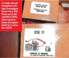  ??  ?? La date de péremption sur des fromages Doré-mi a été fixée au 6 décembre 2015, alors que la date d’origine était le 2 octobre 2015.