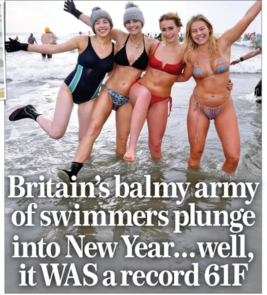  ?? ?? SPLASHING OUT: Revellers in the sea at East Wittering, West Sussex, and, left, Lyme Regis, Dorset yesterday