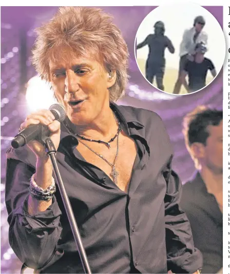  ??  ?? > Singer Sir Rod Stewart seen in an Instagram video, inset, posted by his wife Penny Lancaster from Abu Dhabi. Rod, Penny and their entourage are seen trekking along a sand dune but at one point Rod turns and gets one of his friends to kneel on the...