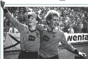  ??  ?? DELIGHT: Gallacher celebrates victory in Germany with Iain Ferguson in 1987